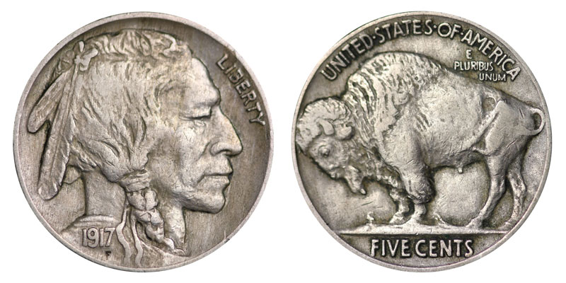 1917 Buffalo nickel obverse and reverse — full coin shot showing Native American portrait and bison design