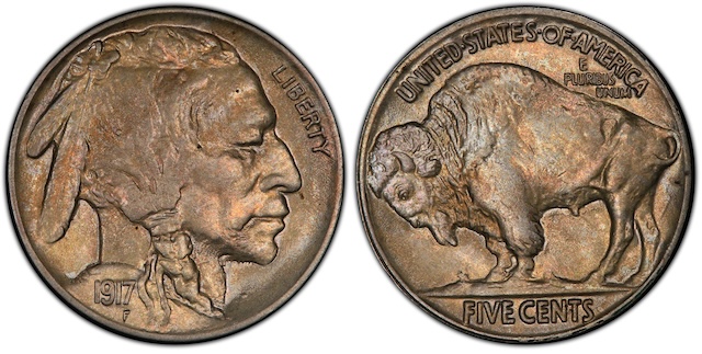 1917 Buffalo nickel Two Feathers FS-401 comparison — normal three-feather headdress versus two-feather variety showing missing innermost feather