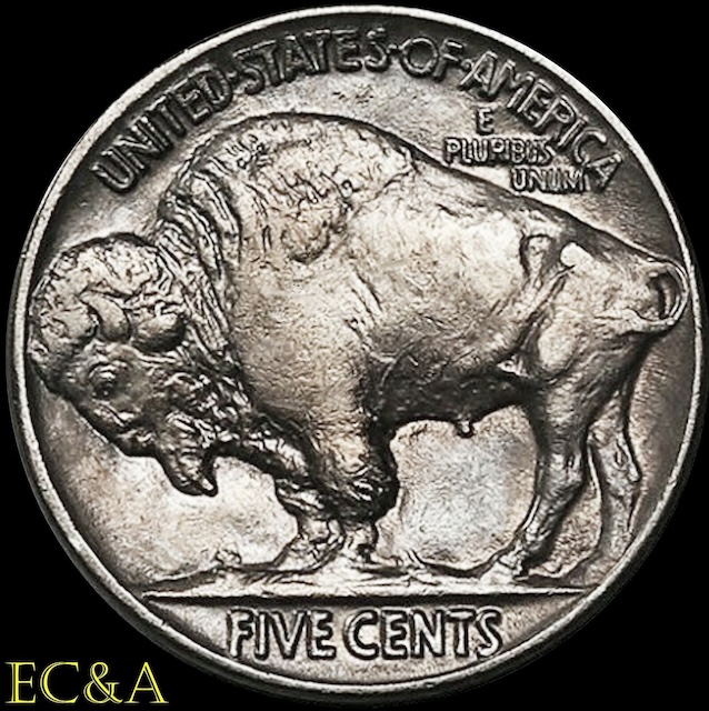1917 Buffalo nickel Doubled Die Reverse FS-801 — close-up of reverse lettering showing distinct doubled outlines on FIVE CENTS and E PLURIBUS UNUM