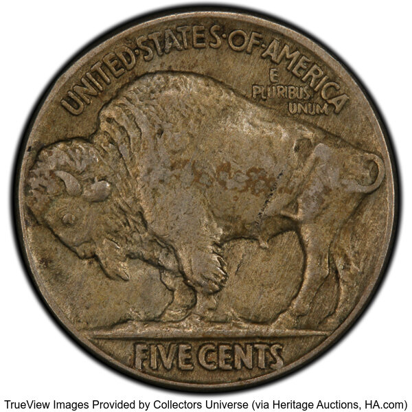 1917 Buffalo nickel Doubled Die Reverse FS-802 — close-up showing doubled outlines in E PLURIBUS UNUM motto on reverse