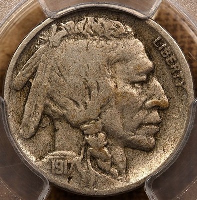1917-D Buffalo nickel 3½ Legs FS-901 — close-up of bison's front foreleg showing the partial leg caused by die polishing