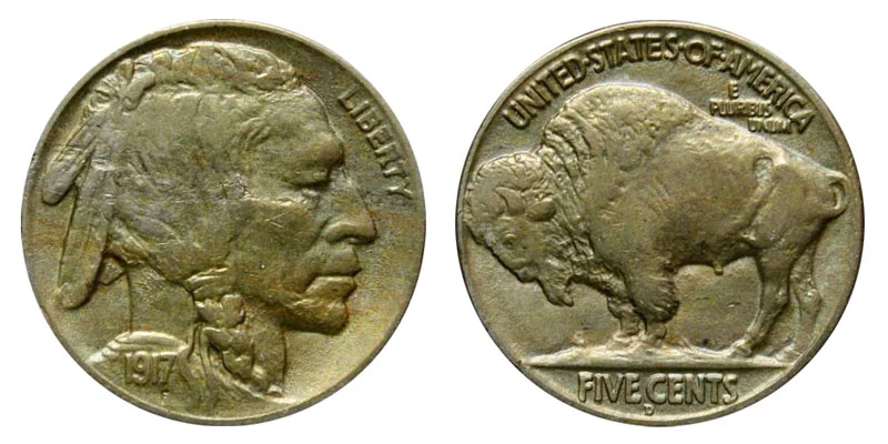 Historical photo of U.S. Mint or group of 1917 Buffalo nickels in various grades showing typical surviving examples