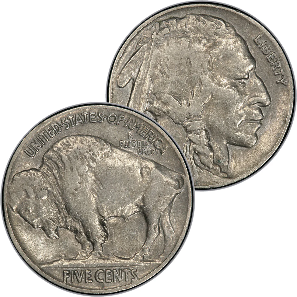 1917 Buffalo nickel grading strip showing four condition tiers — Good, Fine, About Uncirculated, and MS-65 Gem — side by side for comparison